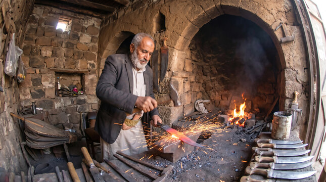 Blacksmith Forging A Knife with Sparks Flying in A Stone Workshop