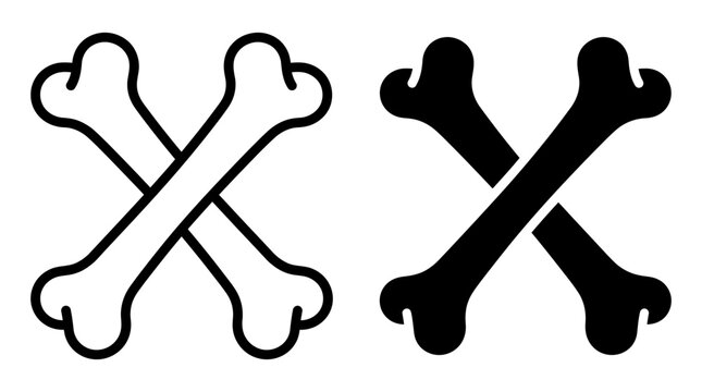 Crossed bones outline and solid black vector silhouette icon set with skeleton silhouette isolated illustration skeletal halloween
