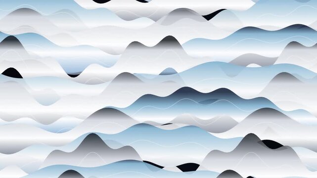Abstract seamless pattern with flowing wavy lines and gradient mountain shapes in blue and grey tones