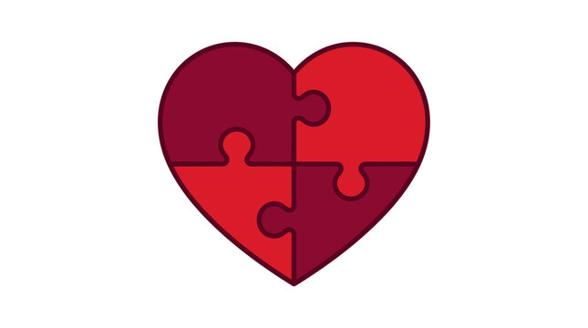 Red puzzle heart vector illustration, jigsaw heart shape with four interlocking pieces, romantic connection and relationship concept icon