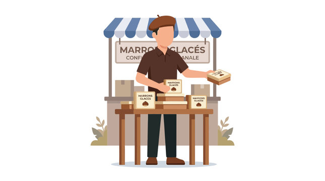 Vendor Selling Marrons Glaces at Street Food Stall Flat Vector Illustration