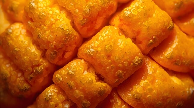 Extreme macro shot of vibrant orange ripe cempedak fruit flesh showcasing detailed texture