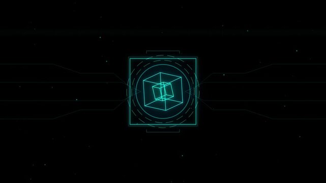 Abstract digital interface with a glowing 3d wireframe cube rotating inside a circular hud element on a dark space background