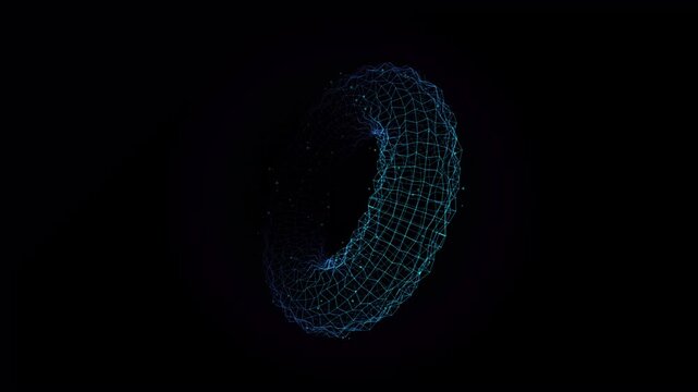 Abstract digital torus shape with glowing blue wireframe mesh structure on a dark background