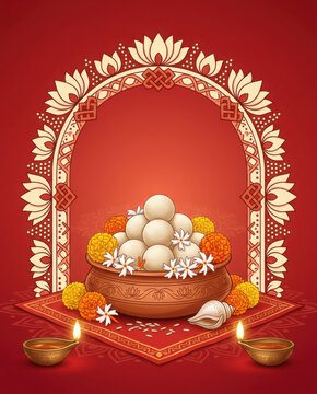 Indian sweets modak in clay bowl with lotus arch and oil lamps for festival generated using ai