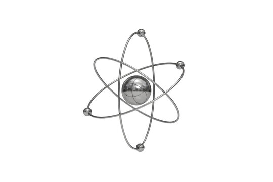 Metallic atom model with a central nucleus and orbiting spheres representing electrons in a scientific structure isolated on a transparent background