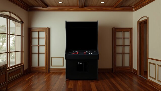 Room features arcade machine, wooden paneling, windows. Warm lighting creates cozy atmosphere. Interior design emphasizes classic style.