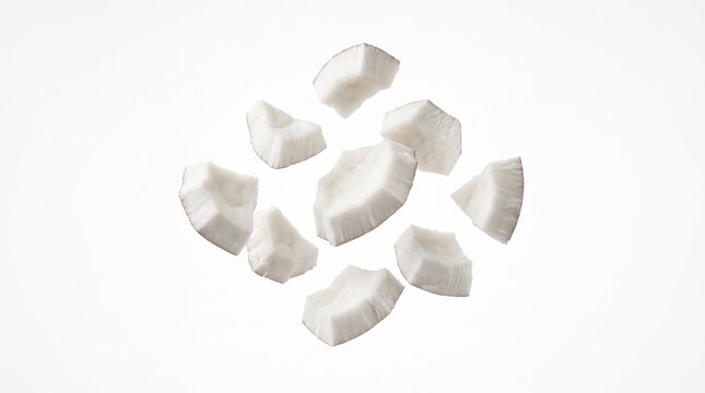 Fresh coconut pieces falling on white background