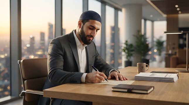 Professional modest Muslim businessman working at a modern office desk with city view.