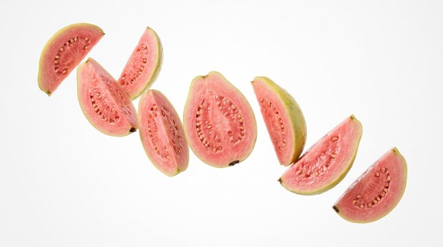 Sliced pink guava flying on white background