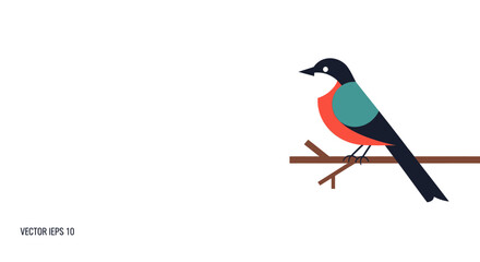 Fototapeta premium A colorful stylized bird with black, teal, and orange feathers perched on a branch, vector illustration on a white background.