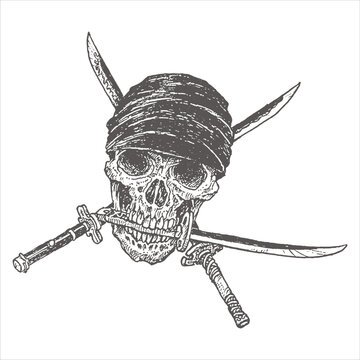 Pirate skull with swords crossed behind skeleton headscarf
