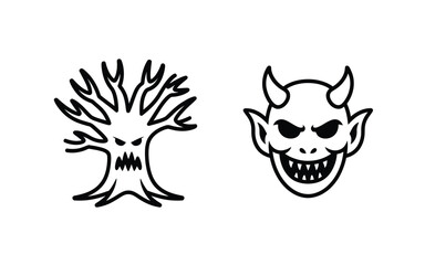 Fototapeta premium Spooky black line art vector icons featuring a creepy scary monster tree and a horned evil devil head monster face