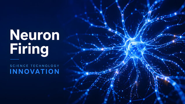 Neuron firing vector background for science and technology. Glowing blue brain cell network represents impulse signal connection. Ideal banner for neuroscience research presentation.