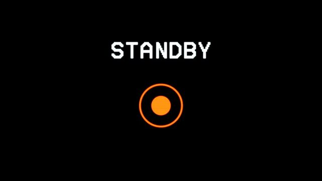 Retro VHS player interface elements including standby, no signal, input lost, cue search, and tape speed controls. Pixel art graphics in white and orange on a black background.