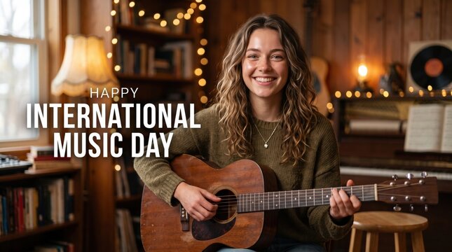 Young woman with wavy brown hair wearing a green sweater playing a wooden acoustic guitar in a cozy room with bookshelves and warm string lights in the background