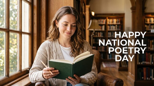 Young woman with wavy brown hair wearing a beige knit cardigan holding an open green book while sitting in a wooden library chair near a window with bookshelves in the background