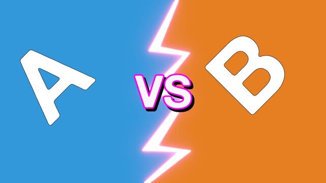 Animated versus battle graphic pitting letter A against B, split by glowing pink lightning bolt on blue and orange halves. Bold retro game style for comparisons, competitions, and decision-making.