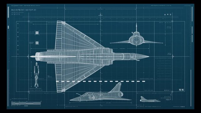 Digital Blueprint Animation of a Modern Fighter Jet Aircraft.