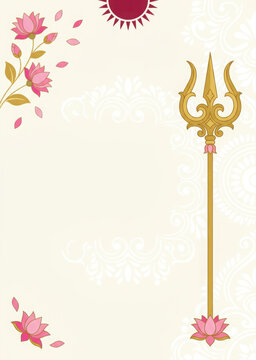 Hindu festival background, with golden trishul, and pink lotus, flowers on cream, generated using ai
