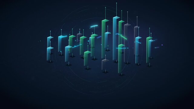 3D Isometric Data Analysis Visualization with Bar Charts and Growth Line Graph on Dark Blue Background