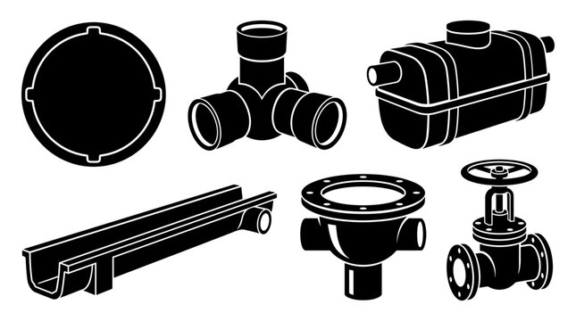 Black silhouette of plumbing and drainage components, including manhole cover, pipe fittings, gutter, and industrial valve on a white background