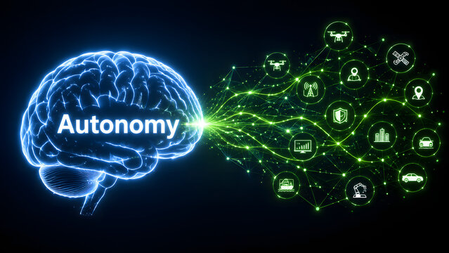 Artificial intelligence brain vector concept with autonomy text connected to digital network icons. Glowing neural pathways represent automated technology systems. Ideal banner for AI research.