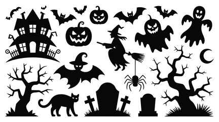 Fototapeta premium Halloween themed collection of spooky shapes and figures black silhouette bats