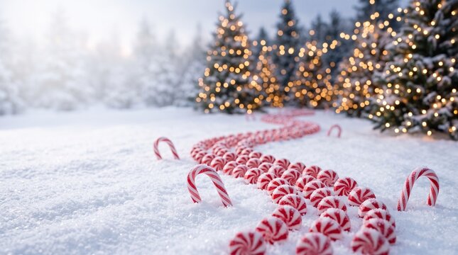 Red and White Peppermint Candy Trail in Snow with Christmas Greeting Copy Space