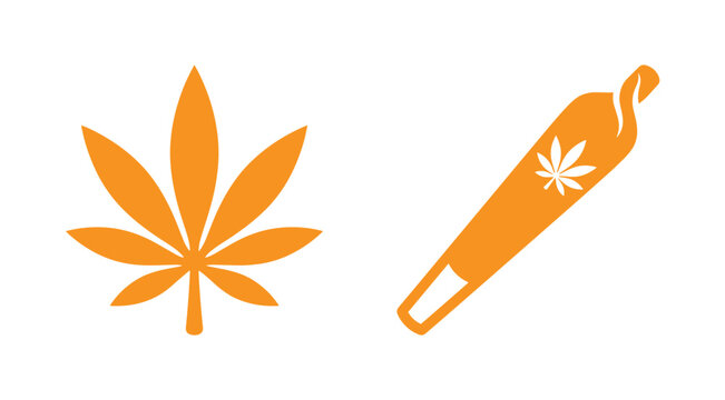 Orange cannabis leaf and rolled joint icon set with weed leaf flat vector design element marijuana illustration medicine silhouette frequent