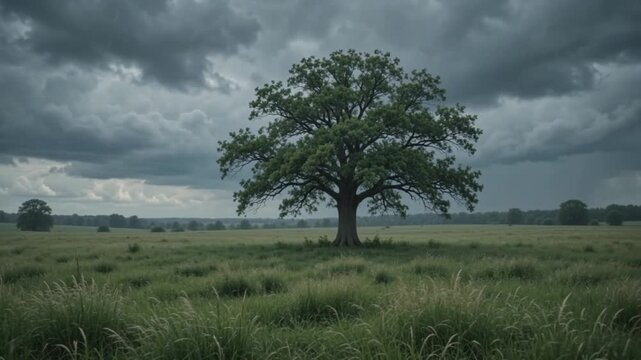 Massive oak tree standing alone in open grassy field during heavy thunderstorm with dramatic lightning strike motion video clip