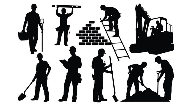 Construction workers and machinery in black silhouette laborers builders craftsmen excavator