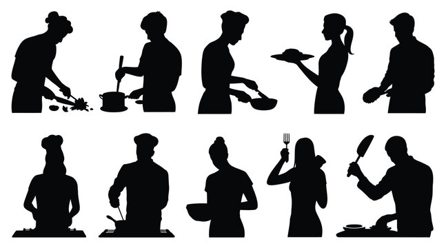 Diverse chefs preparing food in various poses black silhouette cooks culinary