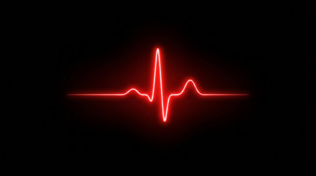 Glowing red neon heartbeat ekg pulse line on dark background