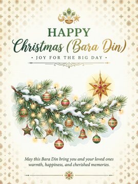 Happy christmas bara din festive greeting card with pine branch and ornaments