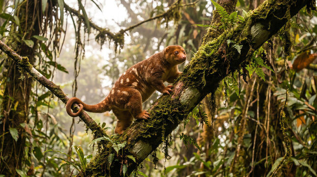 Fossa Navigating Mossy Branches in Dense Tropical Rainforest Environment