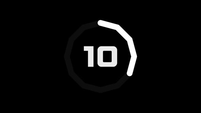 15 second countdown timer animation from fifteen to zero with circular progress on black background