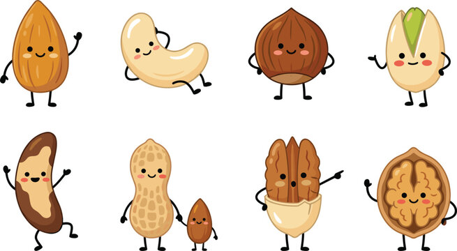 Cute nut character vector illustration set featuring funny kawaii almond cashew peanut and walnut elements