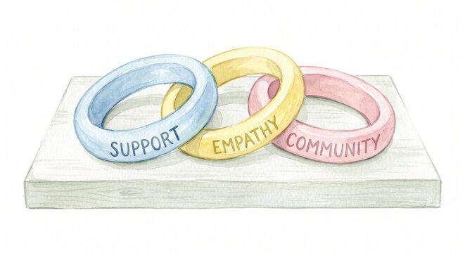 Watercolor illustration of three linked rings representing support, empathy, and community on a white wooden base