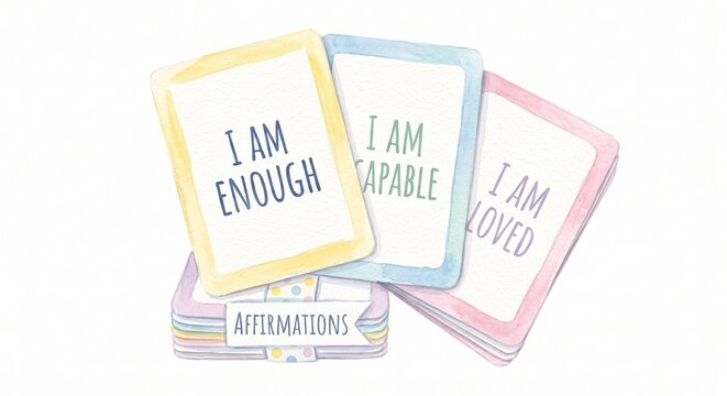 Watercolor affirmation cards deck with positive quotes for mental health and self-care