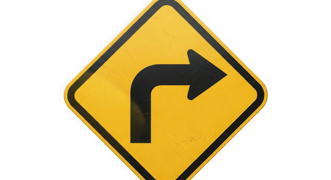 Warning sign presenting a black curved arrow pointing right against a bright yellow diamond background.