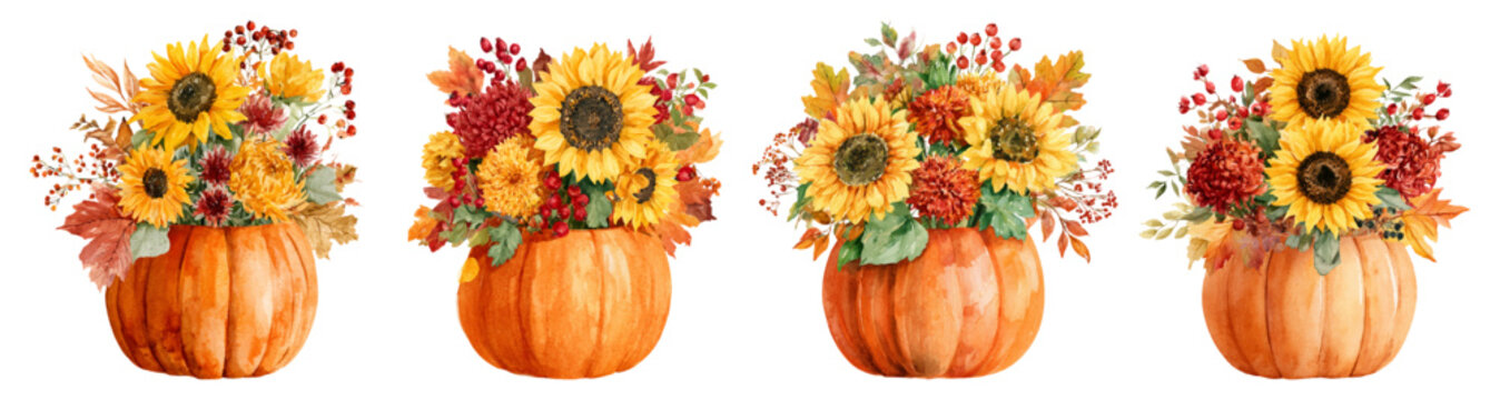 Watercolor autumn pumpkin vases displaying vibrant sunflower arrangements, rich berries, and fall leaves, creating a cozy harvest season decoration