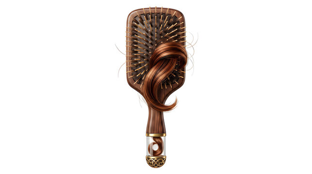 Realistic Wooden Hair Brush with Hair Strands Isolated on White Background
