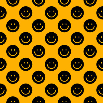 Black Smiling Face Seamless Pattern on Bright Yellow Background Retro Happy Vector Wallpaper