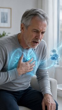 Senior man suffering from shortness of breath touching chest with holographic lungs projection. Respiratory disease and lung cancer
