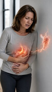 Mature woman suffering from stomach pain with glowing digestive system visualization. Stomach cancer and gastrointestinal disease