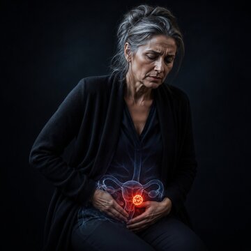 Mature woman suffering from pelvic pain with glowing visualization of female reproductive system and tumor. Gynecological cancer and uterine disease concept. Women health medical awareness