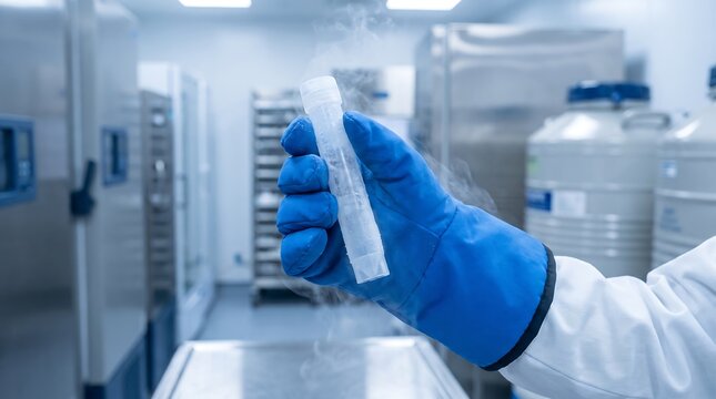 Scientist holding test tube with liquid nitrogen in a modern laboratory setting