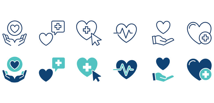 Set of medical heart icons featuring healthcare symbols for clinics and digital health platforms.