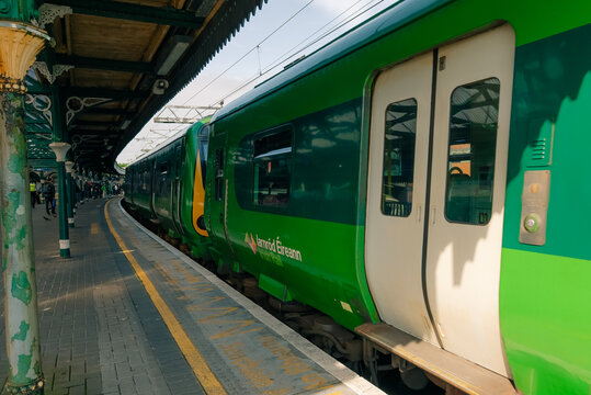 Green Iarnrod eireann passenger train at Connolly Station in Dublin, Ireland - 4 September 2026.